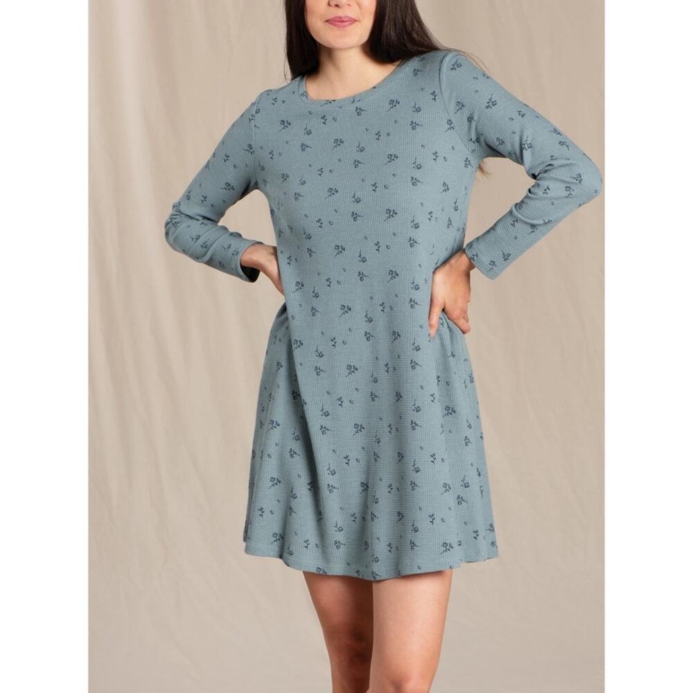 Toad & Co Foothill Waffle Knit Long Sleeve Swing Dress Blue Slate Floral XS
